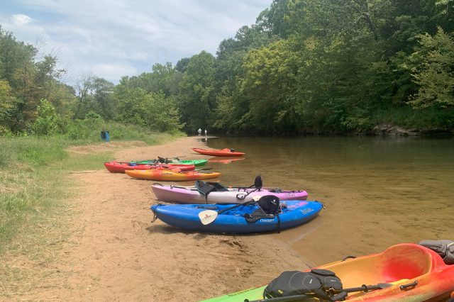 Kayaks Parked Along The Shore Of A River