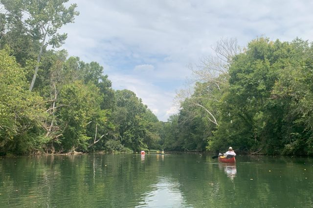 Kayakers Paddling Down A River